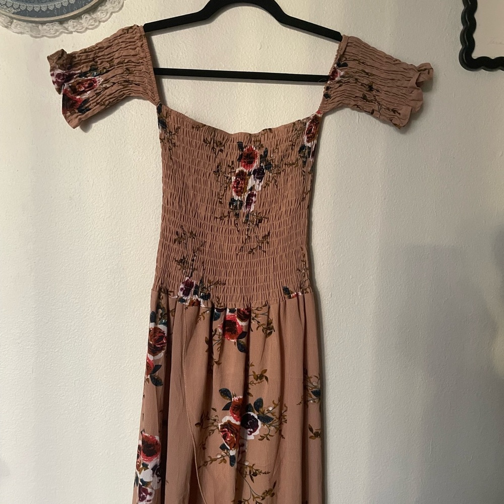 Floral Off-Shoulder Dress in Tan - Picture 7 of 8